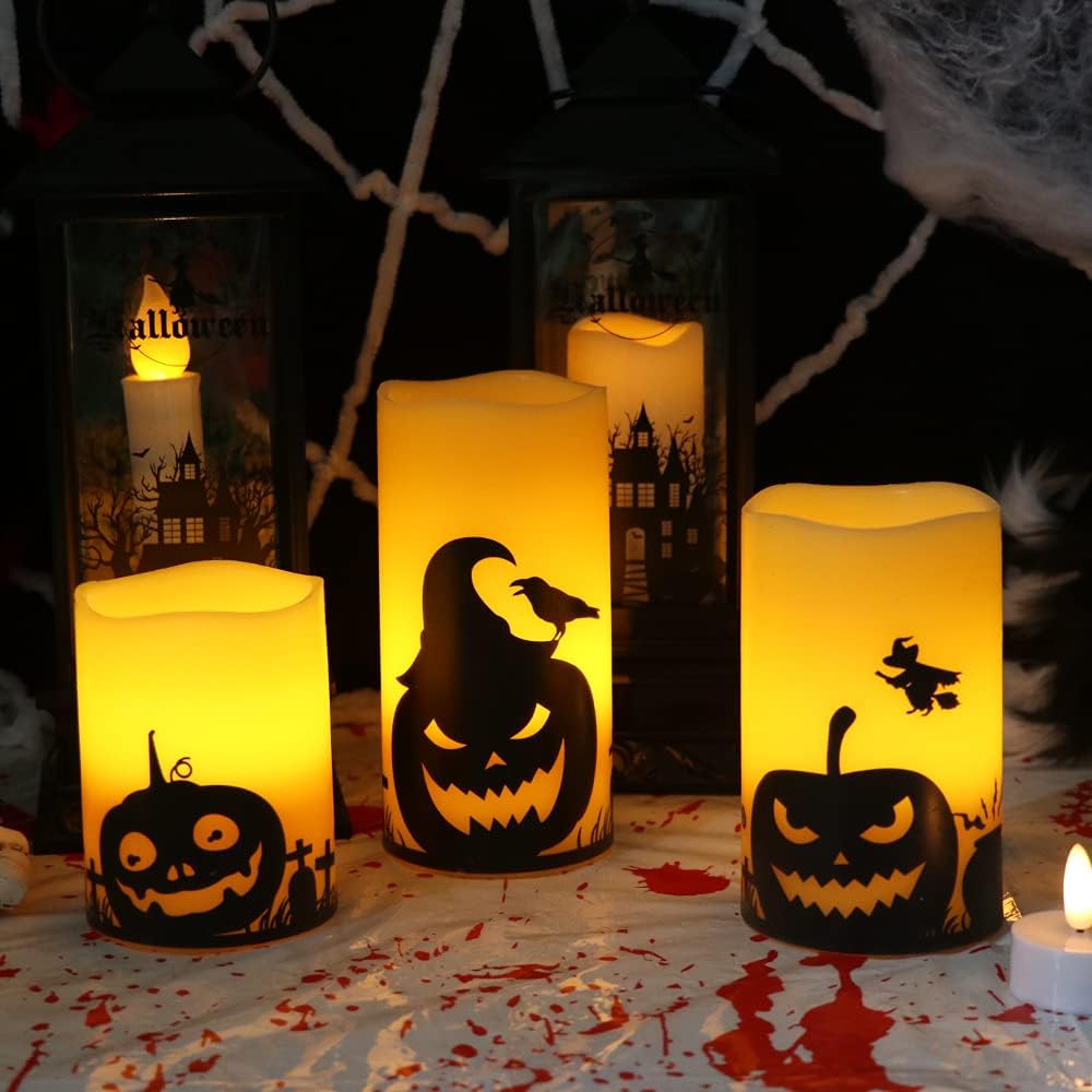 Pumpkin Halloween Flameless Candles Battery Operated with Timer, 3"D X 4"5"6"H, 3 Pack