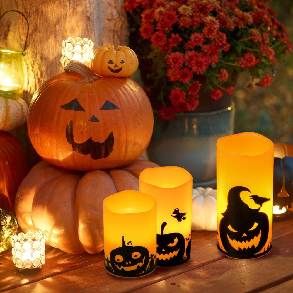 Pumpkin Halloween Flameless Candles Battery Operated with Timer, 3"D X 4"5"6"H, 3 Pack