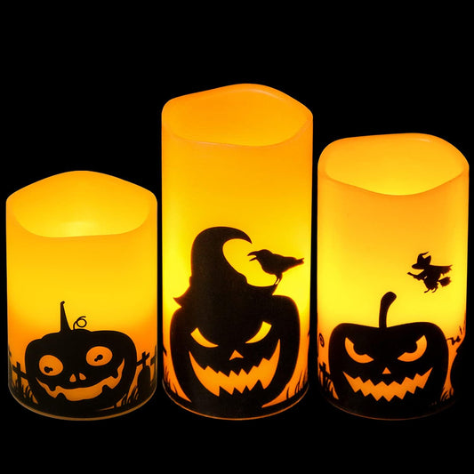 Pumpkin Halloween Flameless Candles Battery Operated with Timer, 3"D X 4"5"6"H, 3 Pack