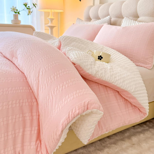 Boho Comforter Set, Full Size Striped Pleats Bohemian Seersucker Bedding Set, All Season Soft Cozy 3 Pieces Quilt with 2 Pillowcases(80"X90" Blush Pink)