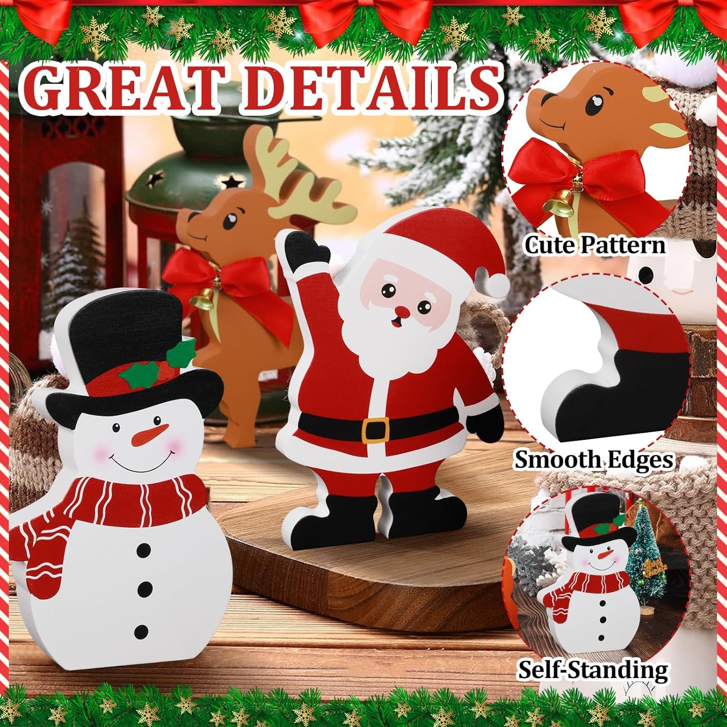 Snowman Christmas Decorations Indoor, Set of 3, Wooden (Santa Claus Reindeer)