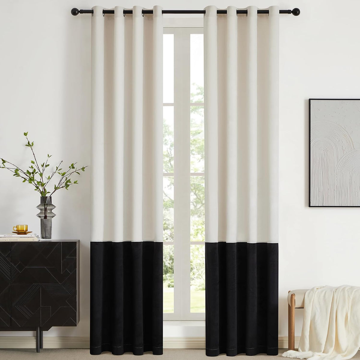 Modern Cream White Black Decorative Velvet Curtains 84 Inches 2 Panels