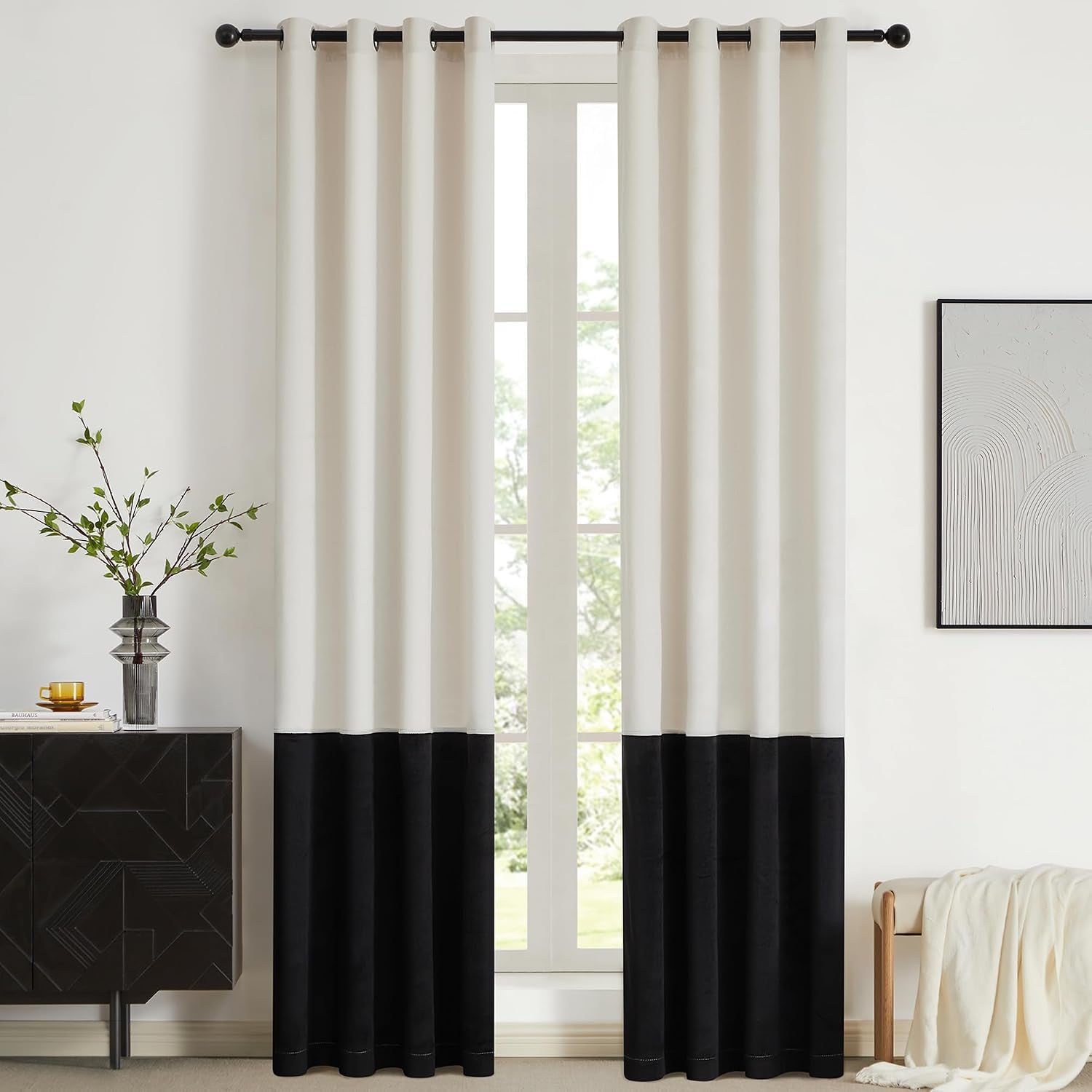 Modern Cream White Black Decorative Velvet Curtains 84 Inches 2 Panels