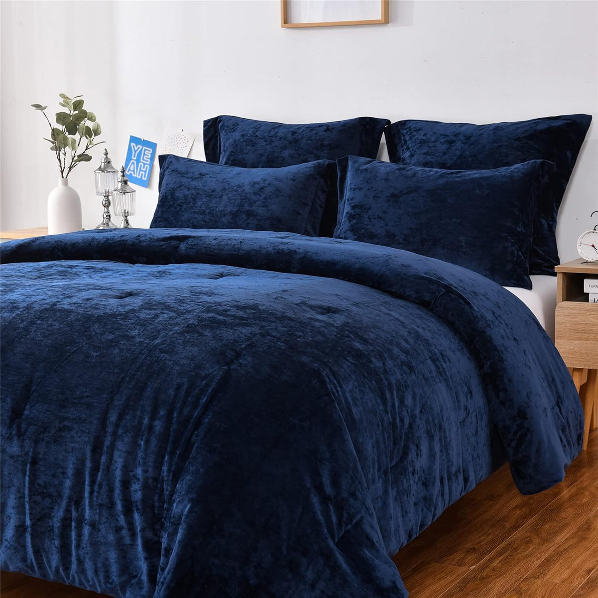 Distressed Velvet Comforter Set, Distressed Velvet Face and Brushed Solid Microfiber Reverse, with Light Weight Soft Poly Fill, 5 Pieces Navy, Queen