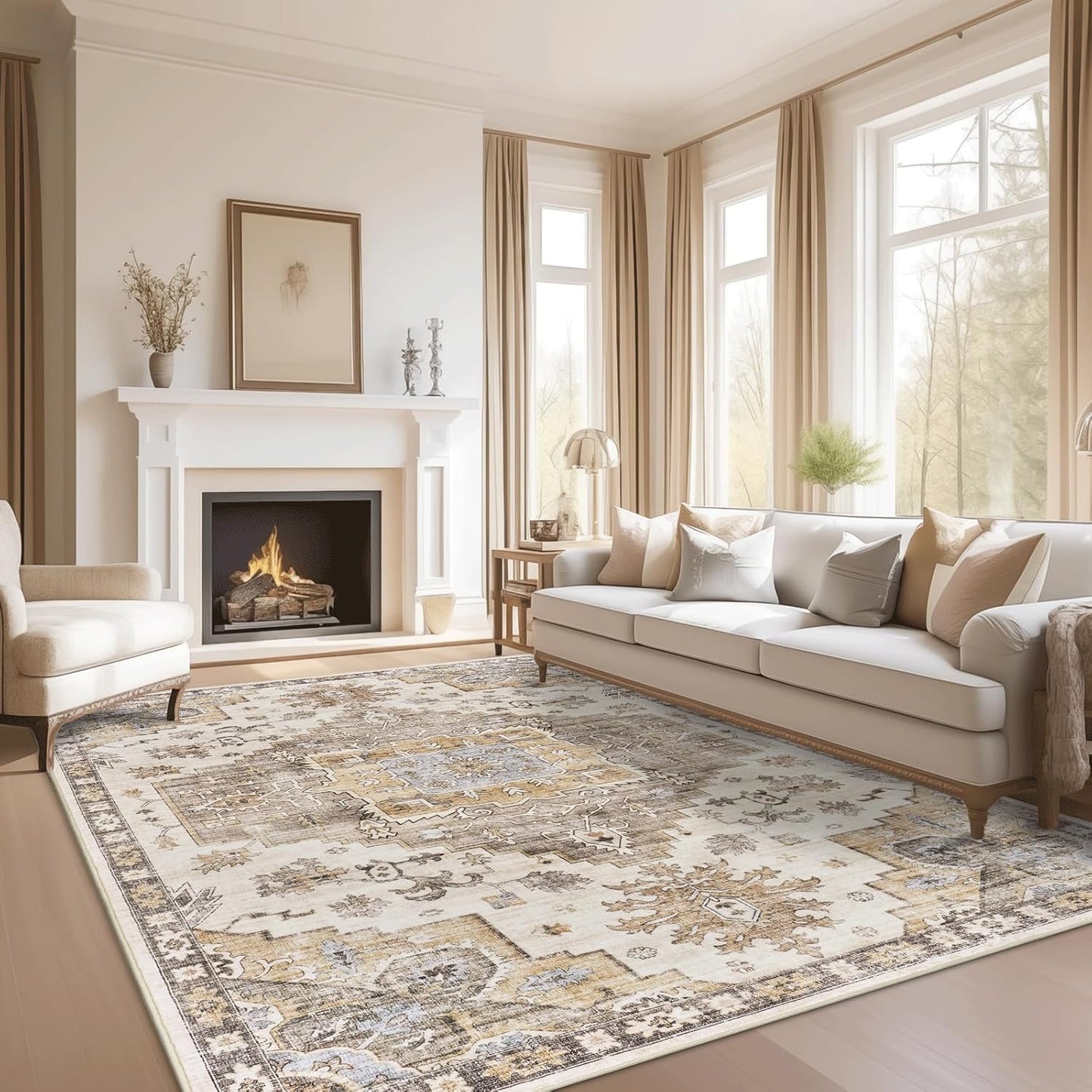 8X10 Area Rugs for Living Room, Stain Resistant Neutral Washable Rugs, Floral Vintage Non-Slip Thin (Brown)