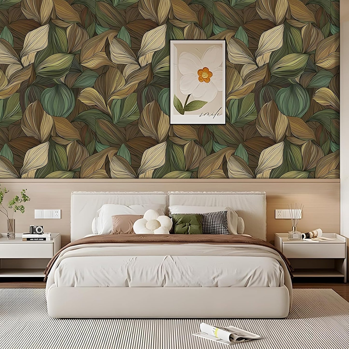 Botanical Leaf Wallpaper Peel and Stick Self Adhesive Boho Tropical Beige Green Vintage 17.71"X236.2"