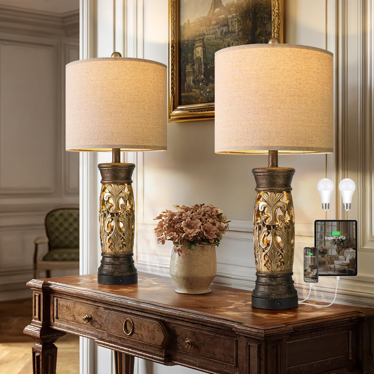 27.25” Antique Gold Table Lamps Set of 2 – Farmhouse Bedside Lamps with Night Light, Vintage Lamps (Bulbs Included)