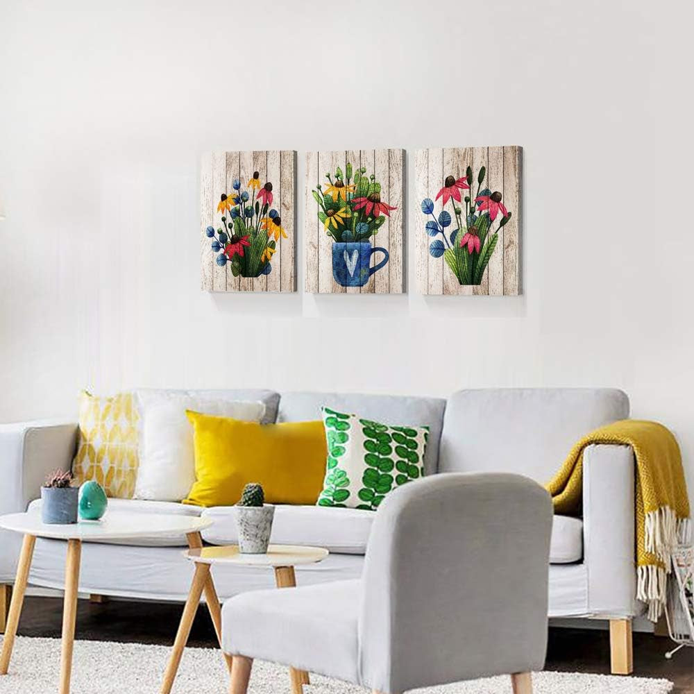 Vintage Wood Grain Plant Flowers Wall Art for Kitchen, 3 Pieces Framed Canvas