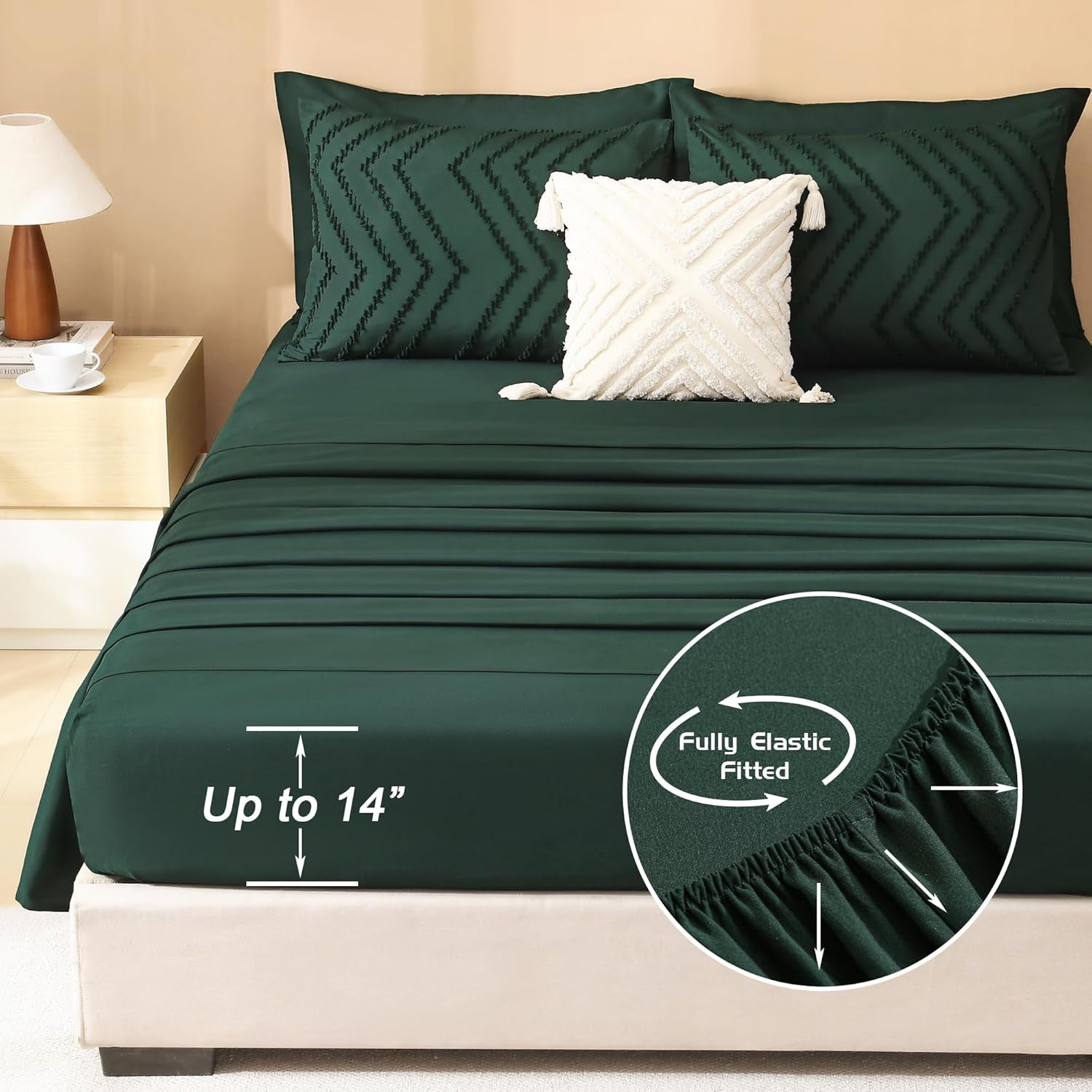Comforters Queen Size Set with Sheets Dark Emerald Green - 7 Pieces Chevron Tufted Bedding Sets with Comforter, Sheets, Pillowcases & Shams