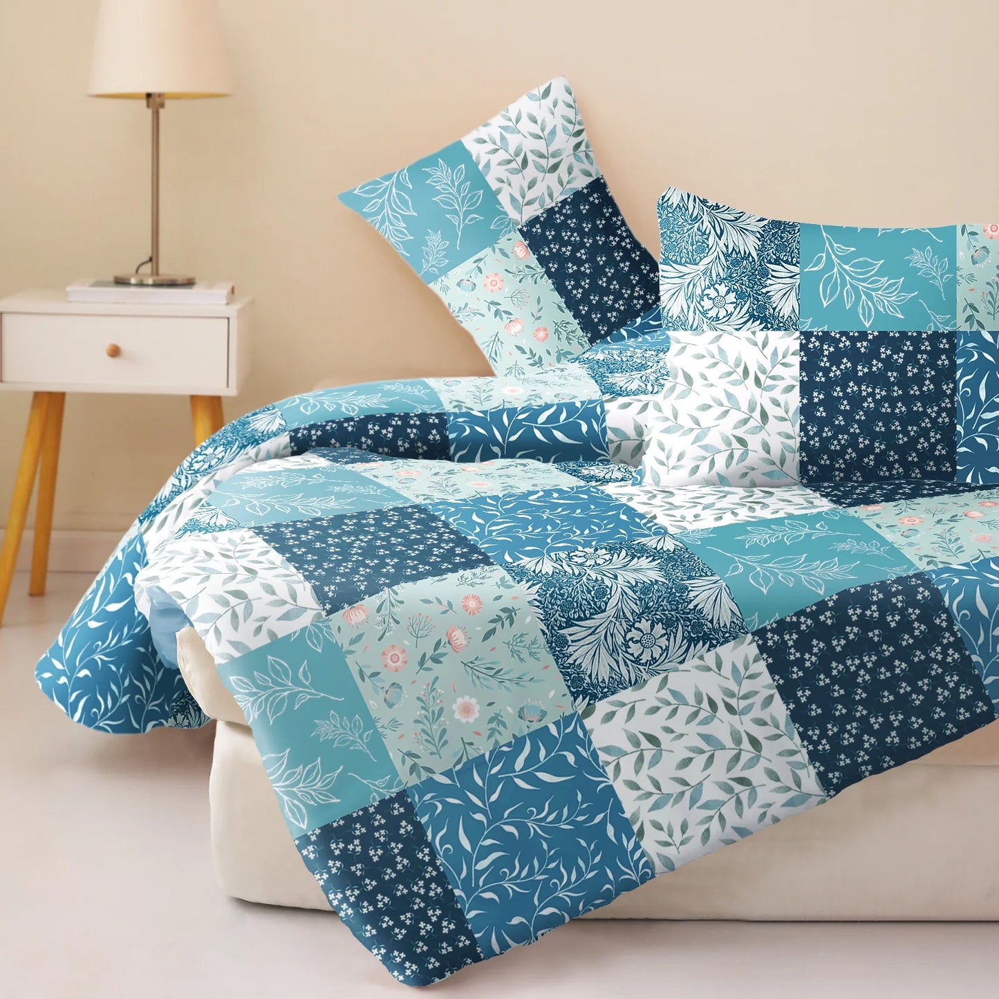 3-Piece Patchwork Queen Size Comforter Set, Microfiber Bedding down Alternative Comforter for All Seasons, Navy Blue