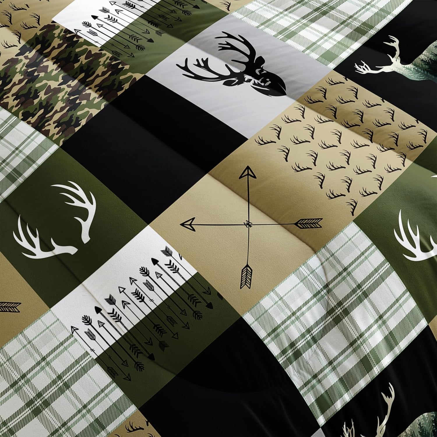 Hunting Camo Comforter Set, Queen Size, Arrows and Deers Comforter Set, 1 Comforter with 2 Pillowcase