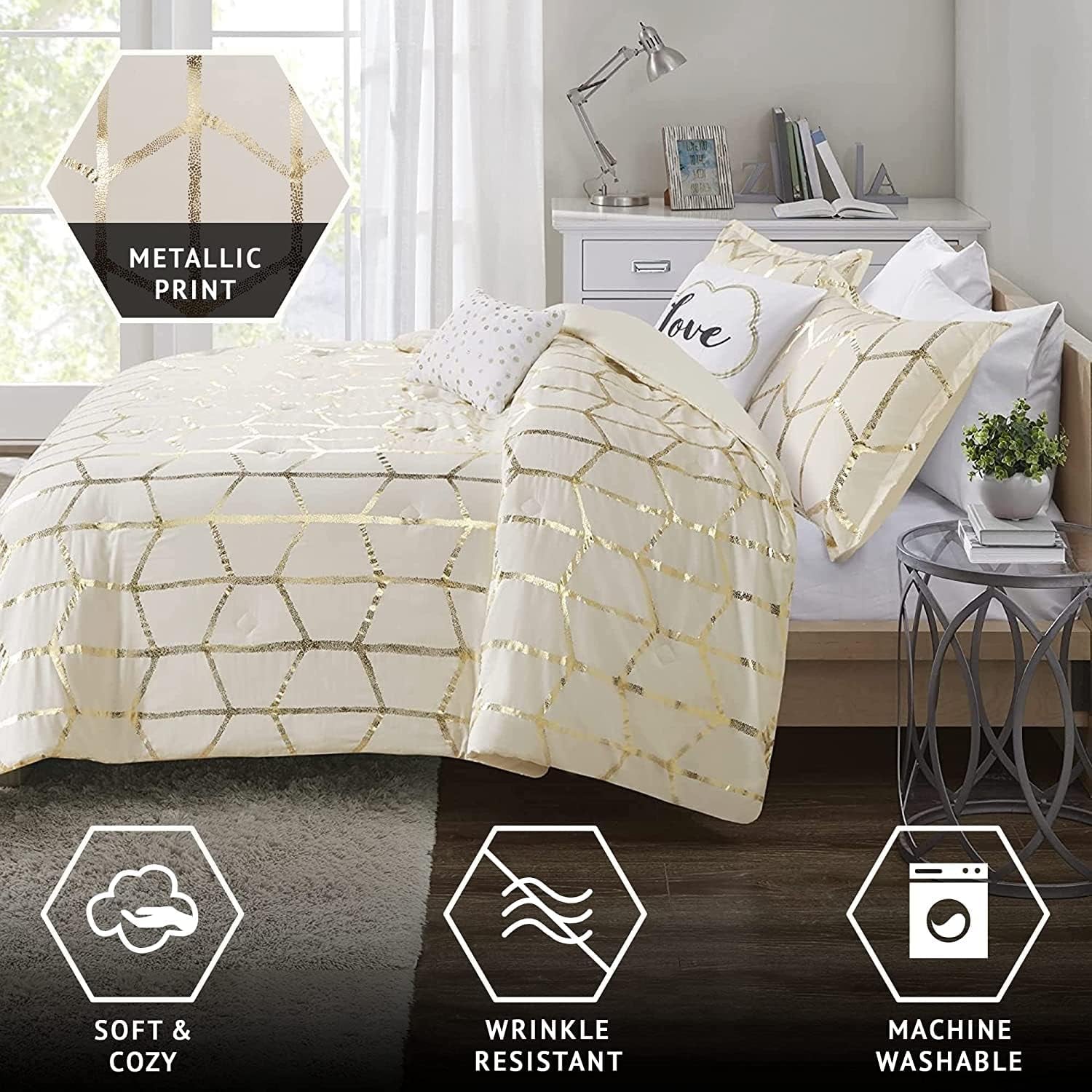 Raina King/Cal King Comforter Set, Modern Geometric Metallic Bed Set, 5 Pieces with 2 Shams, 2 Toss Pillows Ivory/Gold