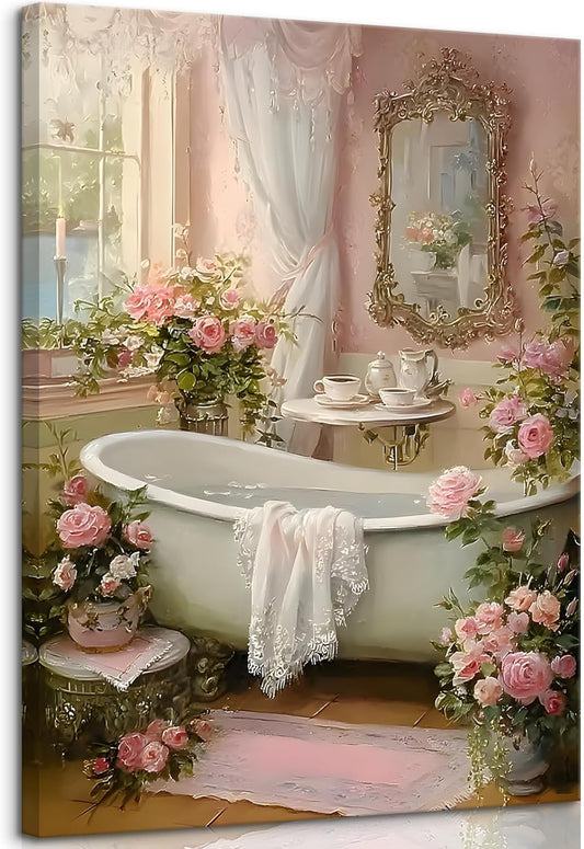 Pink Flowers Bathroom Canvas Wall Art Floral Botanical Painting Picture Wall Decor Vintage Bathtub for Bathroom ((12X16 in Canvas)