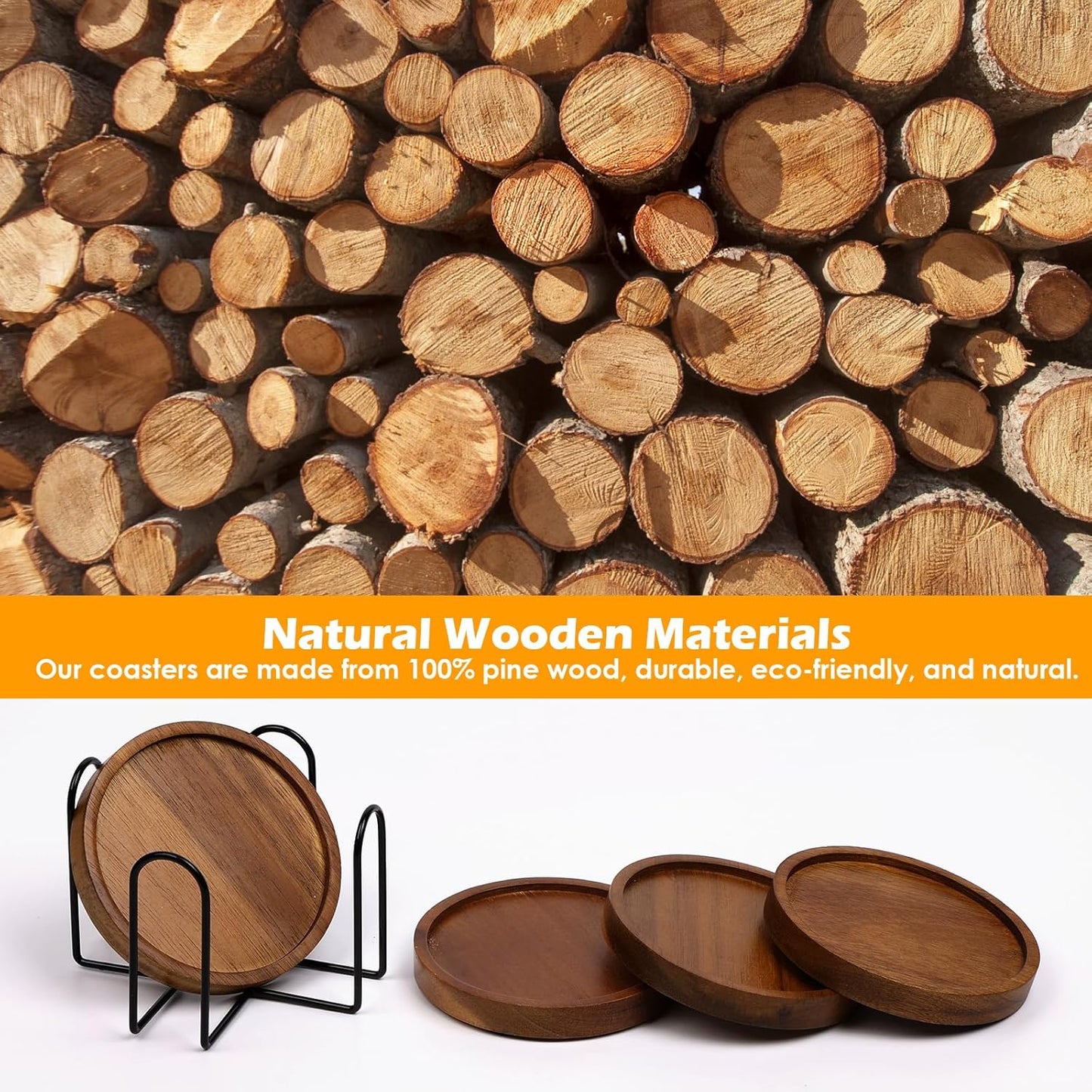 4 Pcs Wood Coasters for Drinks Absorbent, Wooden Coasters with Holder