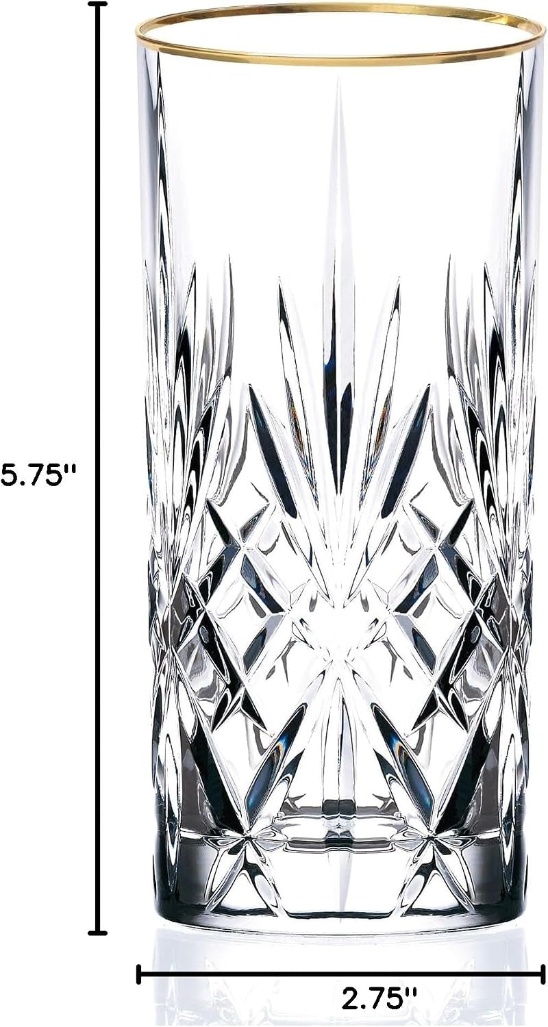 Siena Collection Crystal Water Beverage or Ice Tea Glass with Gold Band Design, Set of 4,12 Ounces