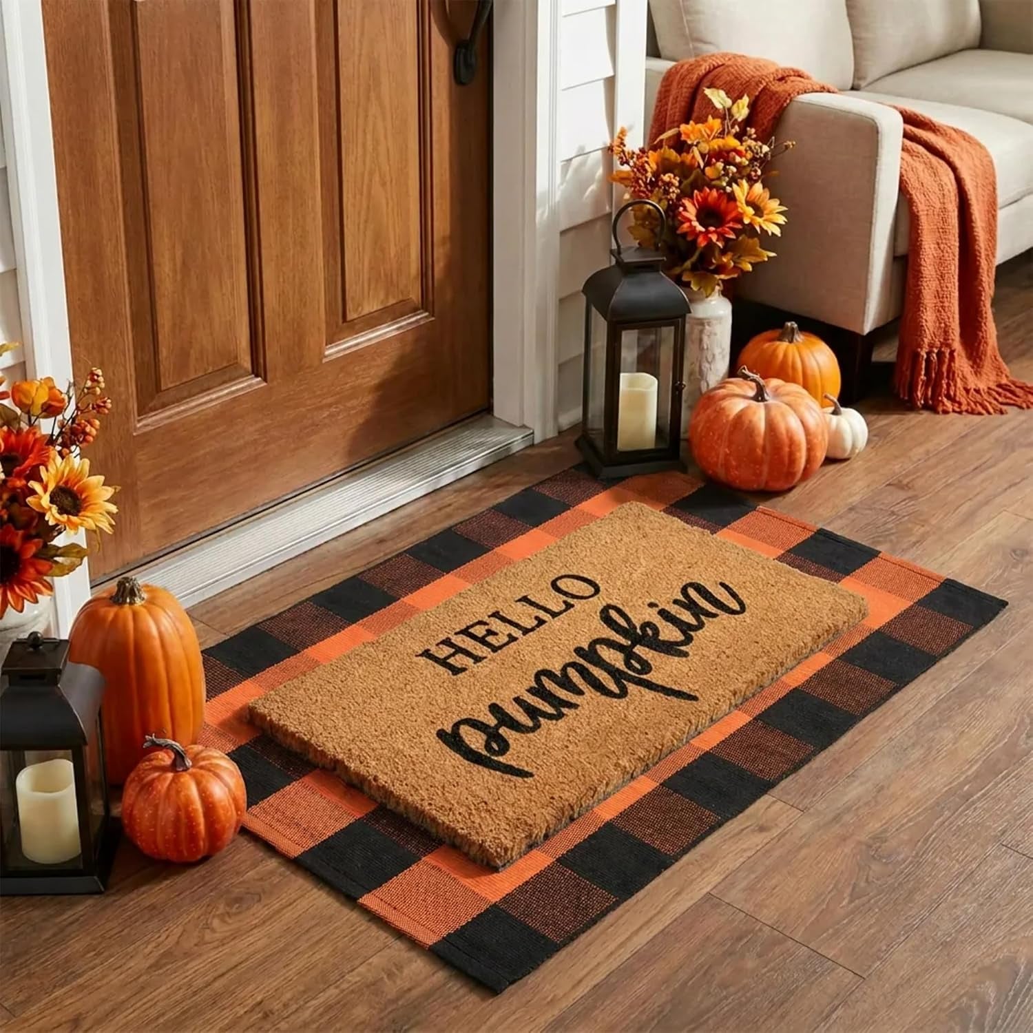 Fall Decor Door Mat Combo Set, 28 X 43 Inches Orange and Black Plaid Rug