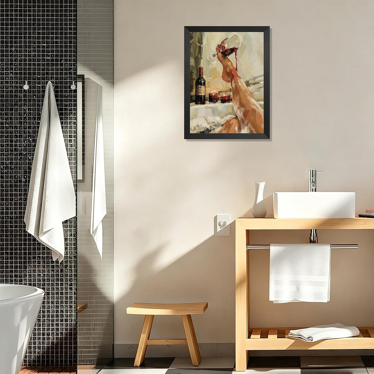 Luxury Bathtub Scene with Wine Glass Wall Art, Elegant Legs & Candlelight Print, Romantic Spa Decor for Master Bath or Bedroom, Black Pine Frame with Adhesive Strips Included
