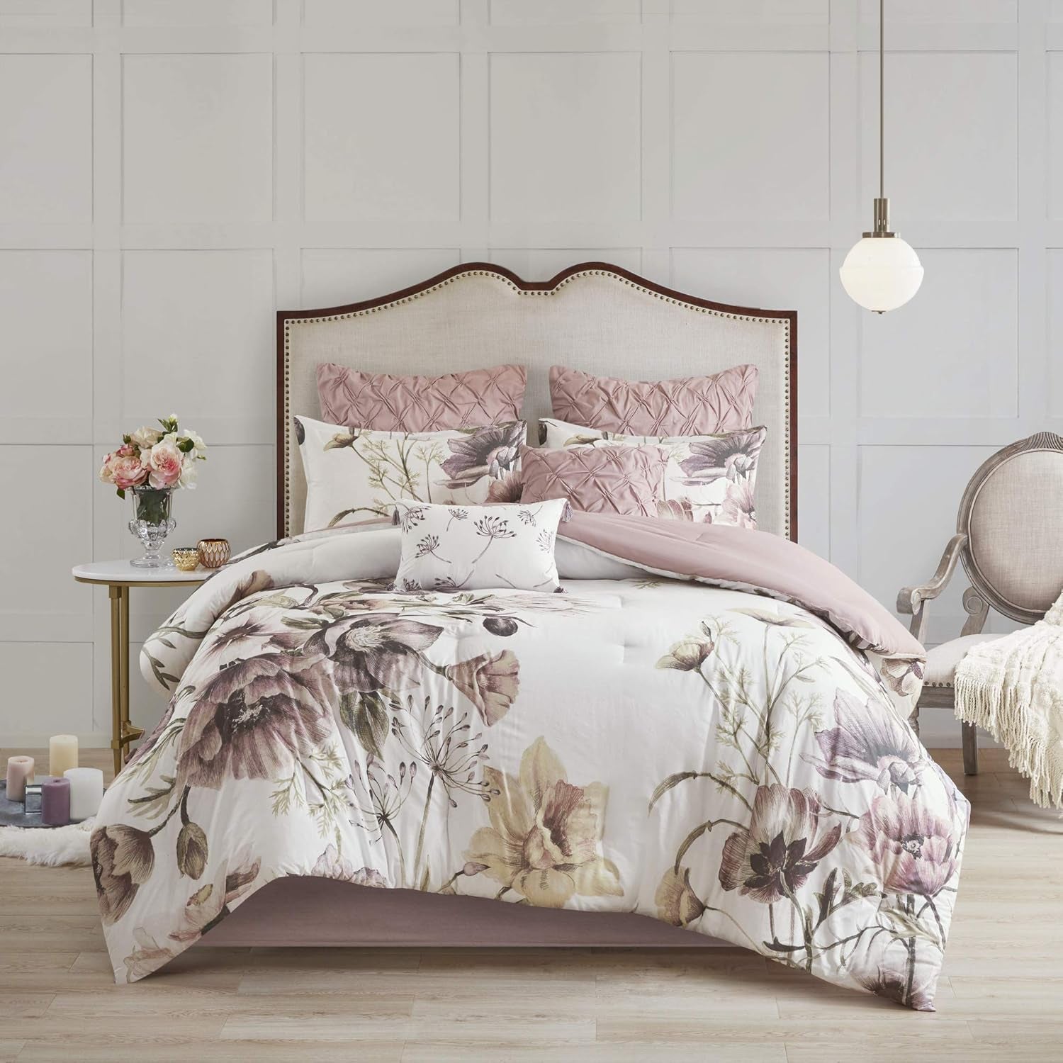 Cassandra Cotton Blend Comforter Set - Colorful Floral Print, Queen, Blush 8 Piece