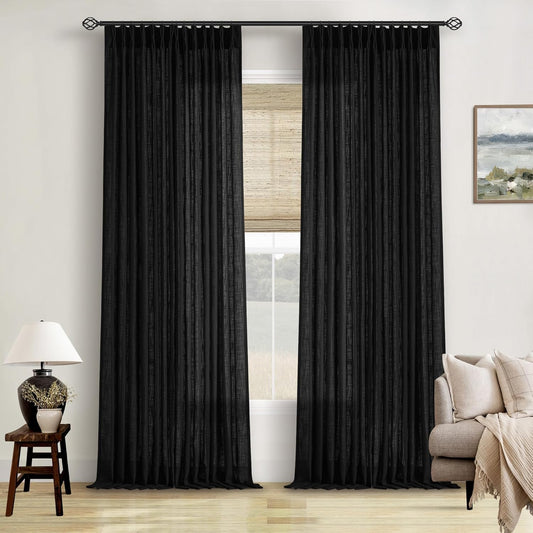 Black Linen Semi Sheer Curtains 90 Inches Long, Light Filtering, Pinch Pleated Curtains 