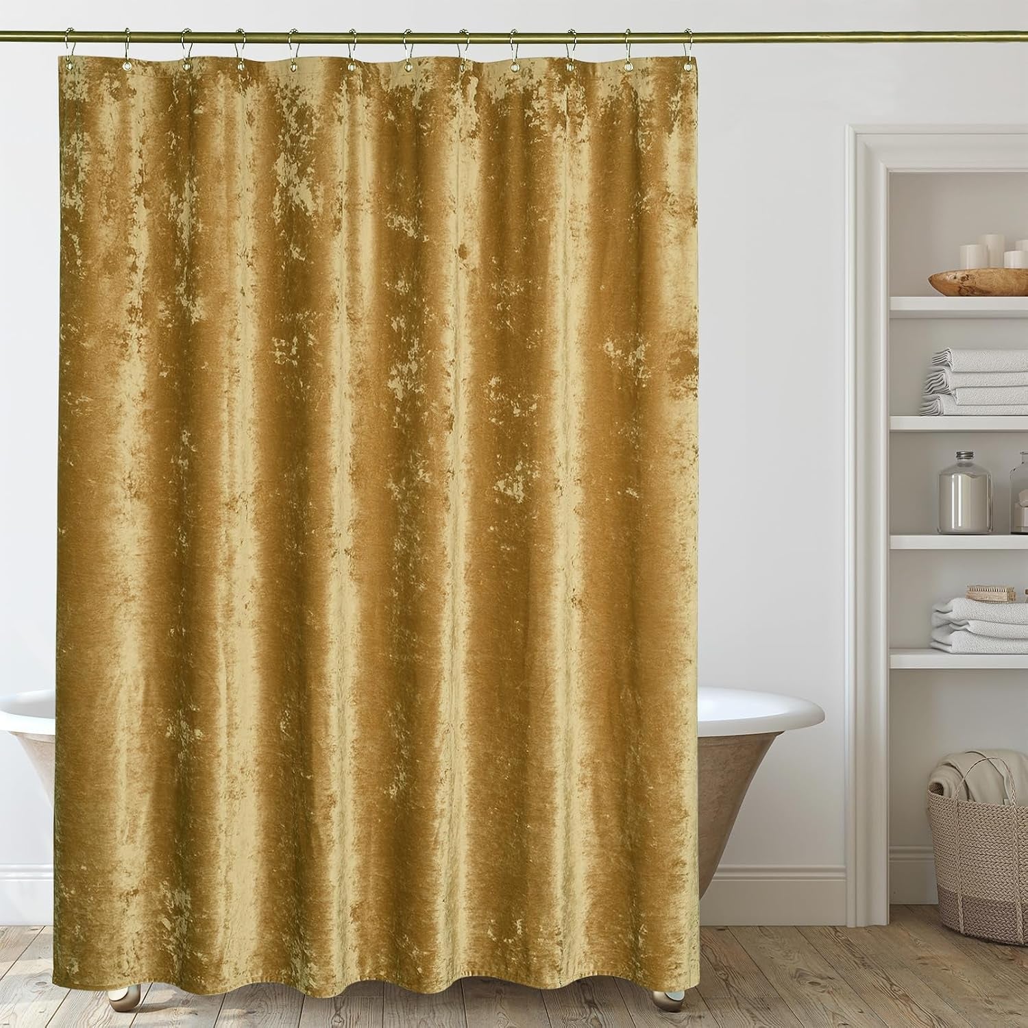Mustard Gold Shower Curtain for Bathroom, Crushed Velvet Dark Mustard Yellow Shower Curtain, 72 X 72 Inches