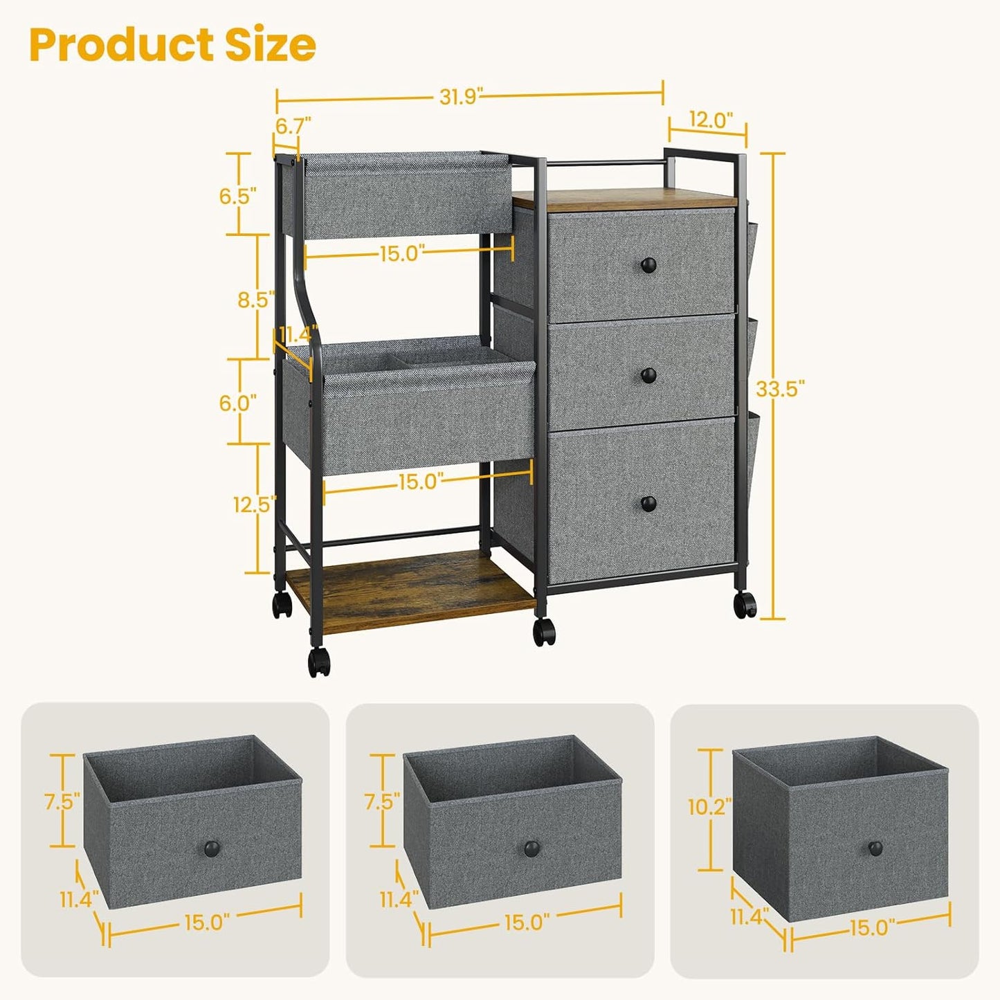 Baby Diaper Caddy, 3 Tier Baby Organizer and Storage Cart with Dividers and Drawers, Mobile Utility Rolling Cart, Grey