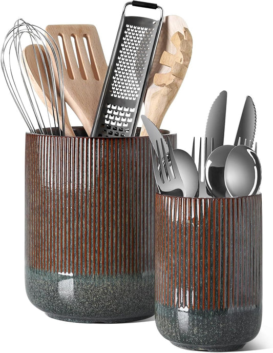 Utensil Holder for Kitchen Counter, 7.3"+5.4" Fluted Ceramic Utensil Crock Organizer for Countertop, Set of 2, Olive Brown Marble