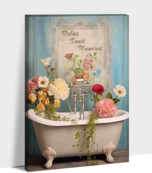 Farmhouse Wall Art - Bathtub Full of Flowers Picture Wall Decor, Ready to Hang 18X24 Inches