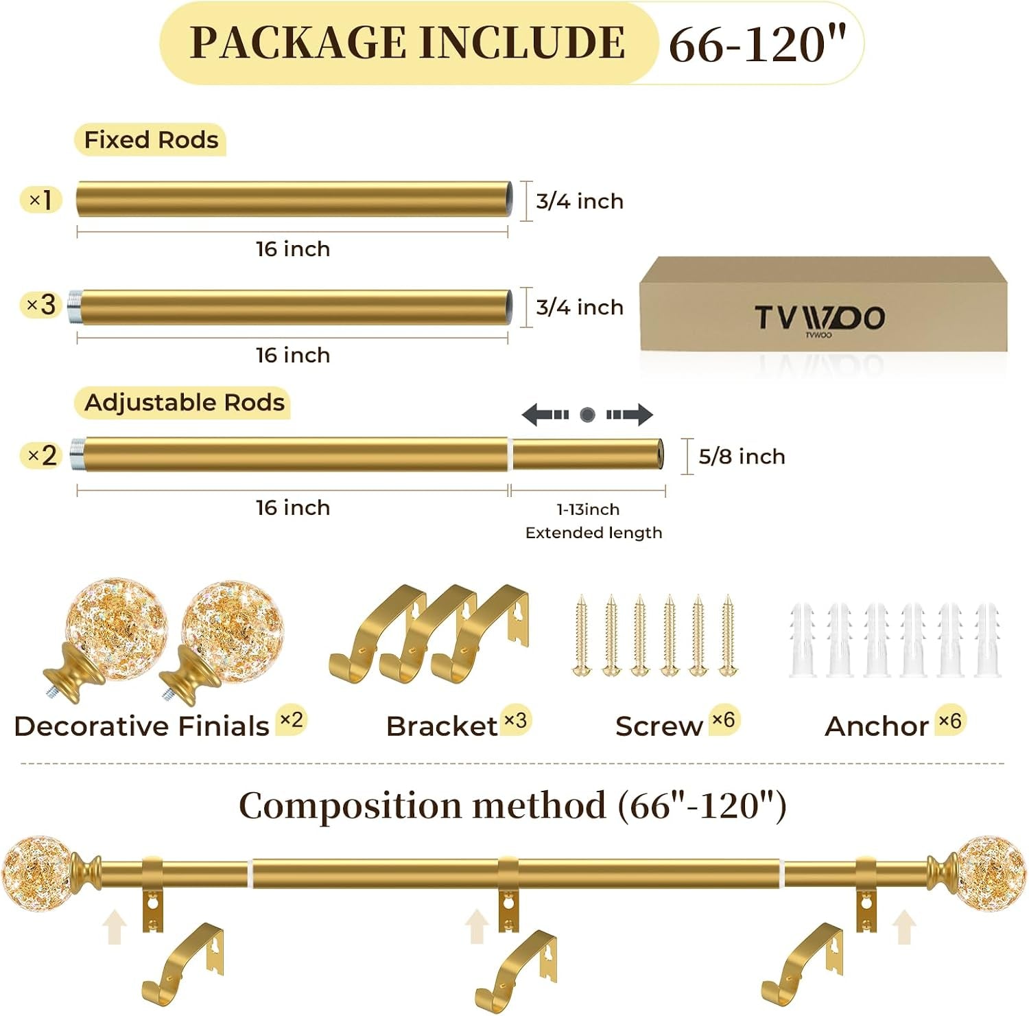Gold Decorative Crystal Curtain Rods,1" Heavy Duty Adjustable 66-120"