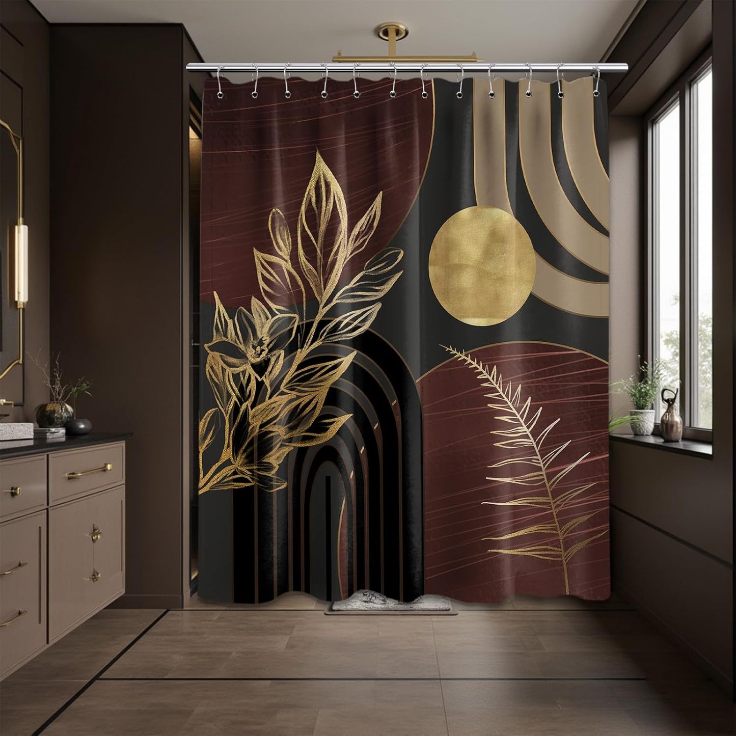 Dark Brown and Black Shower Curtain Boho Mid Century Gold and Brown Shower Curtains for Bathroom Decor, Waterproof Cloth Fabric with Hooks, 70" W X 72" L