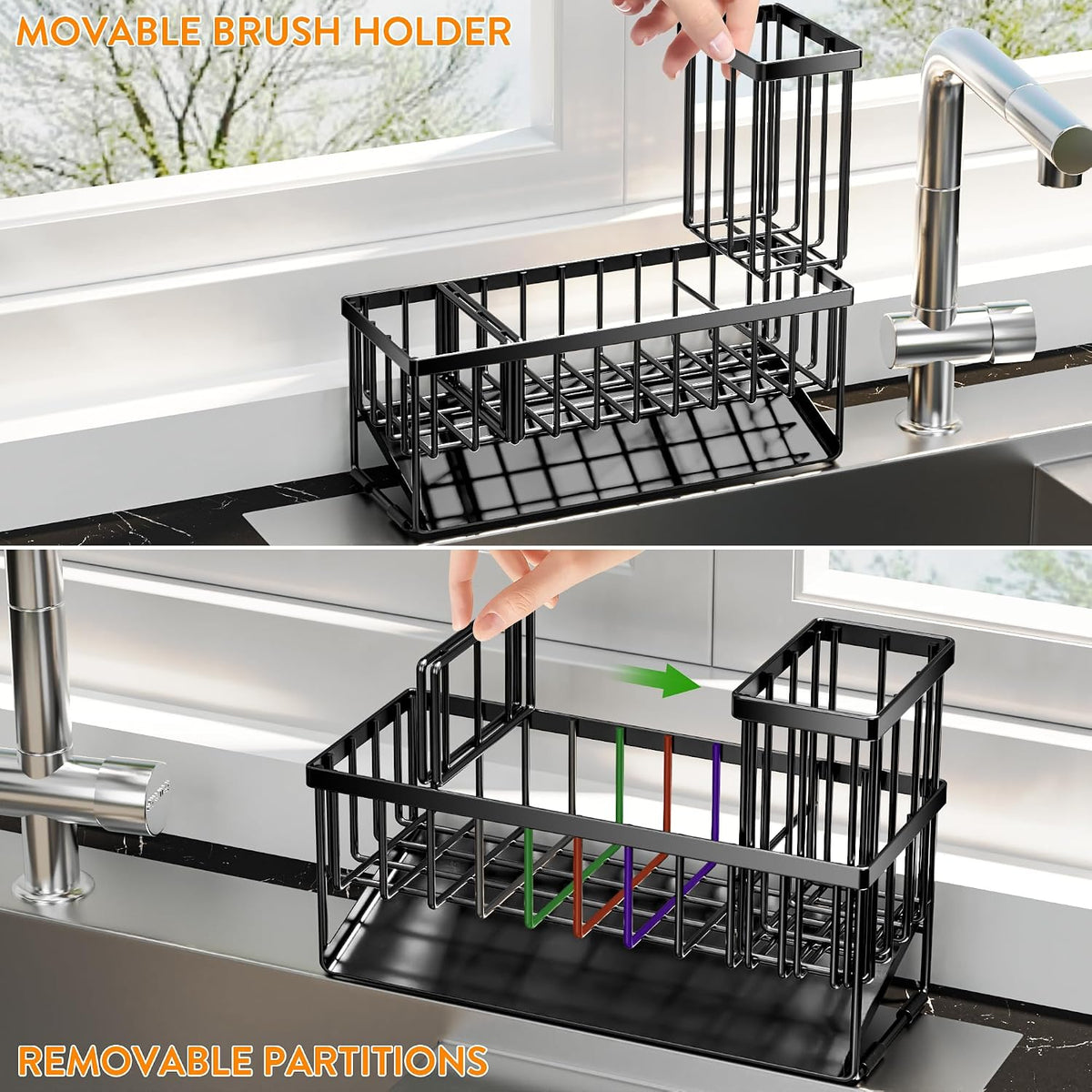 Extra Large Kitchen Sink Caddy Organizer with High Brush Holder, Sponge Holder for Sink