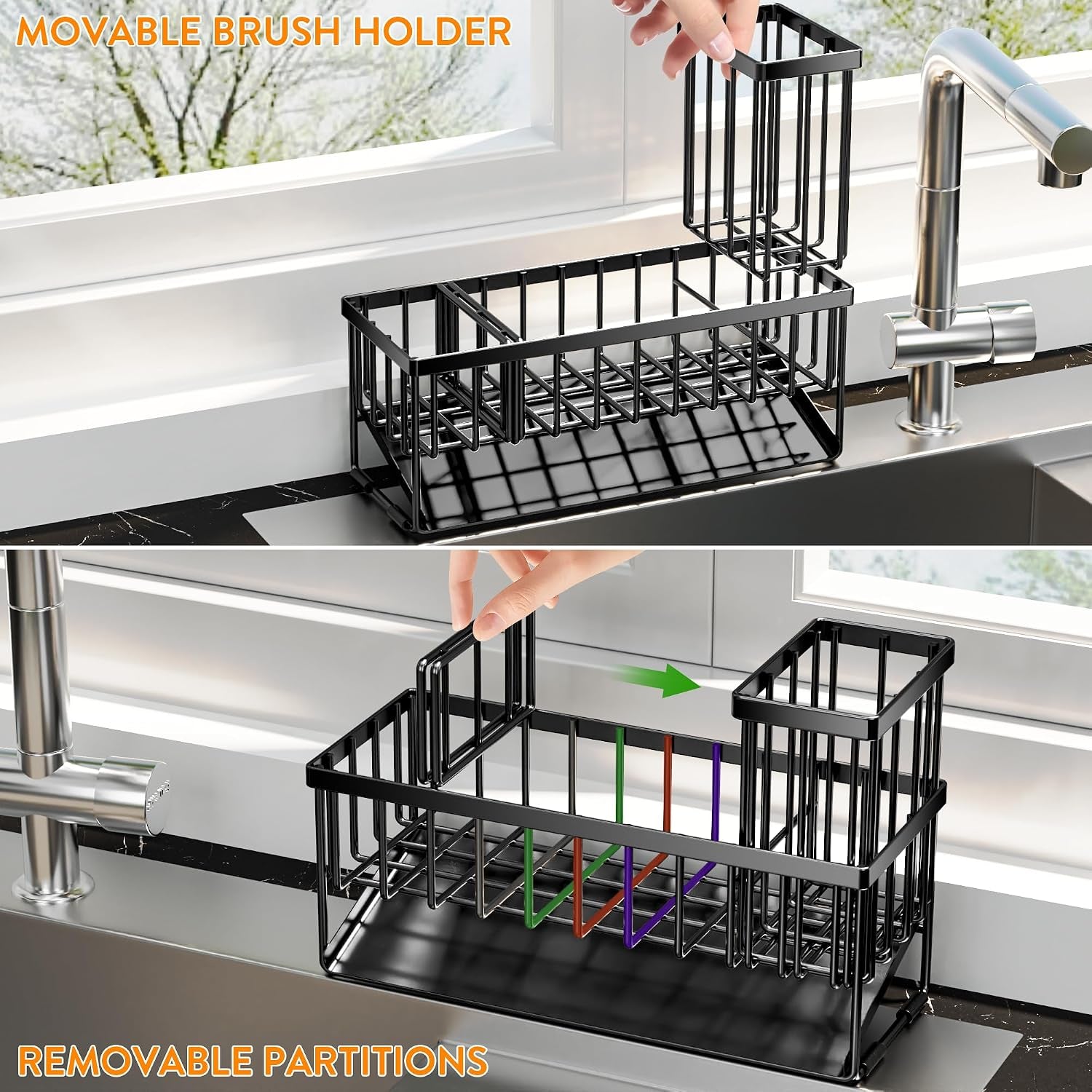 Extra Large Kitchen Sink Caddy Organizer with High Brush Holder, Sponge Holder for Sink