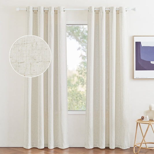 Linen Curtains, Natural Semi Sheer Thick Linen Drapes Light Filtering Elegant Neutral Bohemian Grommet Bedroom Curtain Panels, 55"X84", 2 Panels
