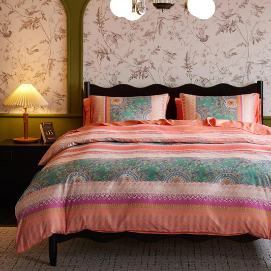  Boho Comforter Set, Bohemian Chic Colorful Medallion Style for Eclectic Decor, 3 Pieces, Coral Green, Full Size
