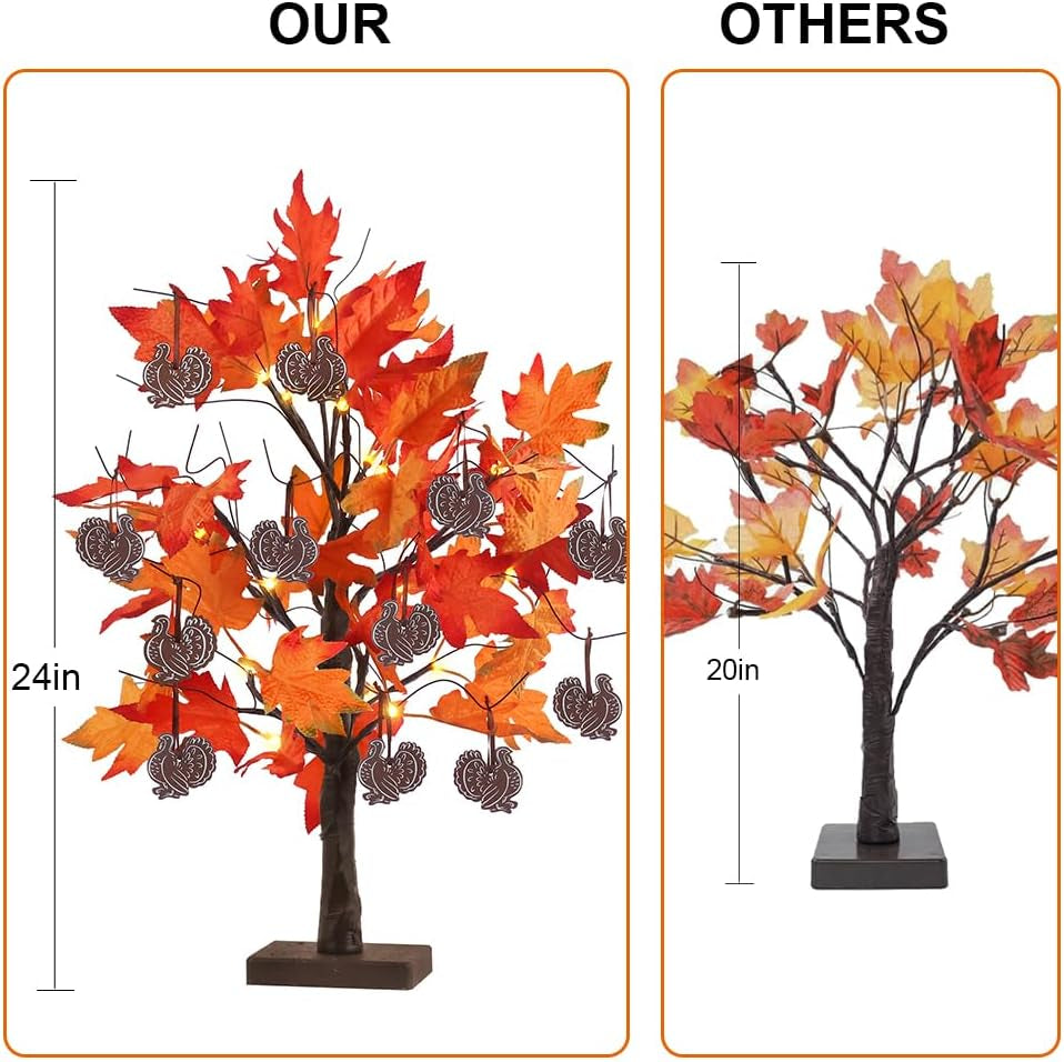 Fall Decorations for Home, 24IN 24LT Lighted Fall Maple Leaves , 2FT Brown Battery Powered