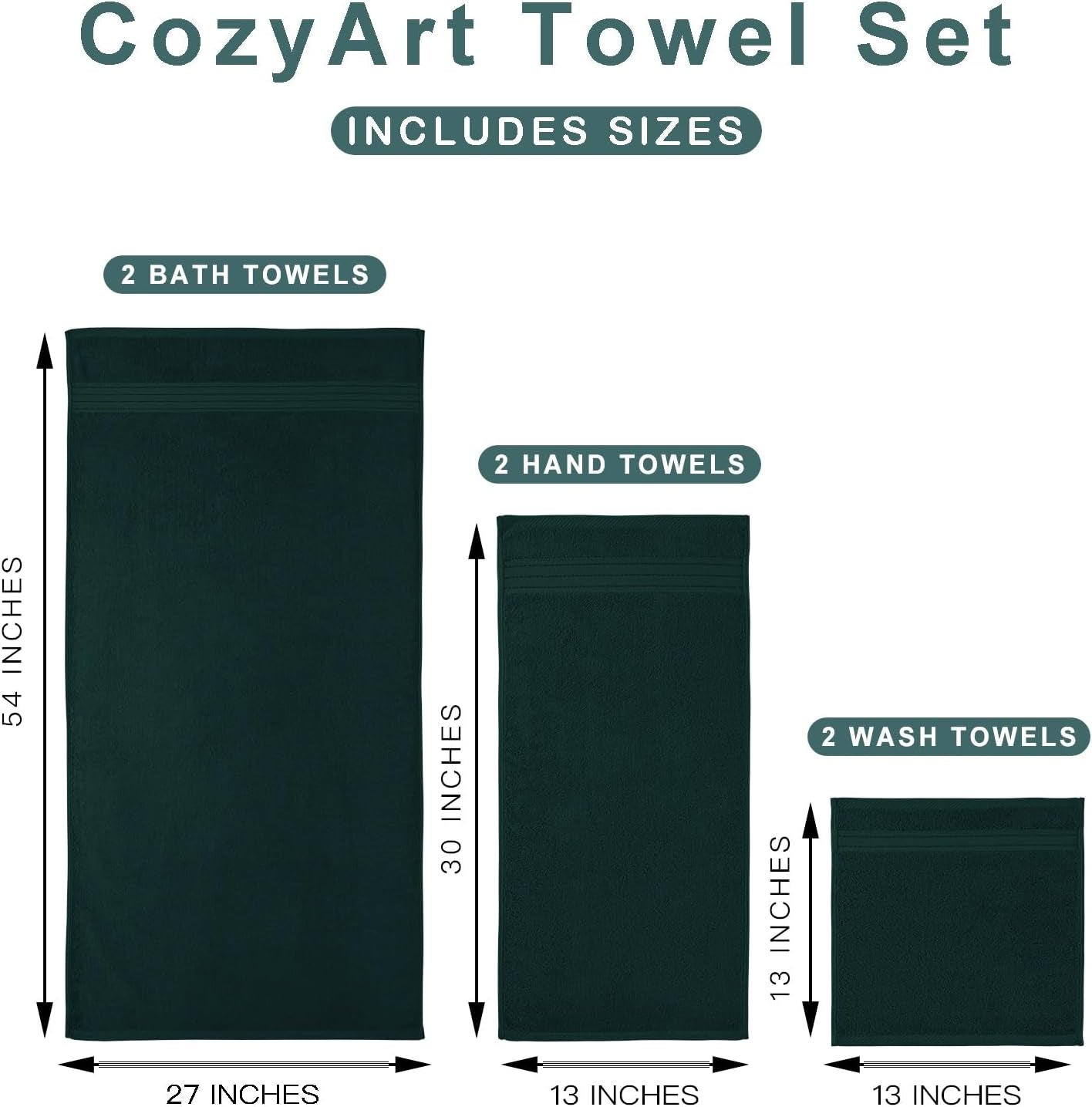 Luxury Bath Towel Set 6 Pcs, Deep Forest Green Turkish Cotton