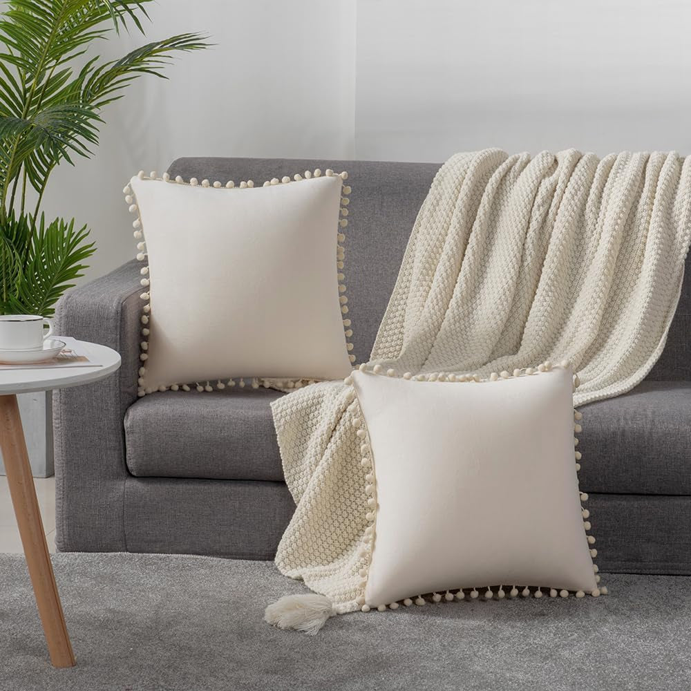Couch Pillow Covers 20X20 Beige: 2 Pack Cozy Soft Pom-Poms Velvet Square Throw Pillow Cases for Farmhouse Home Decor