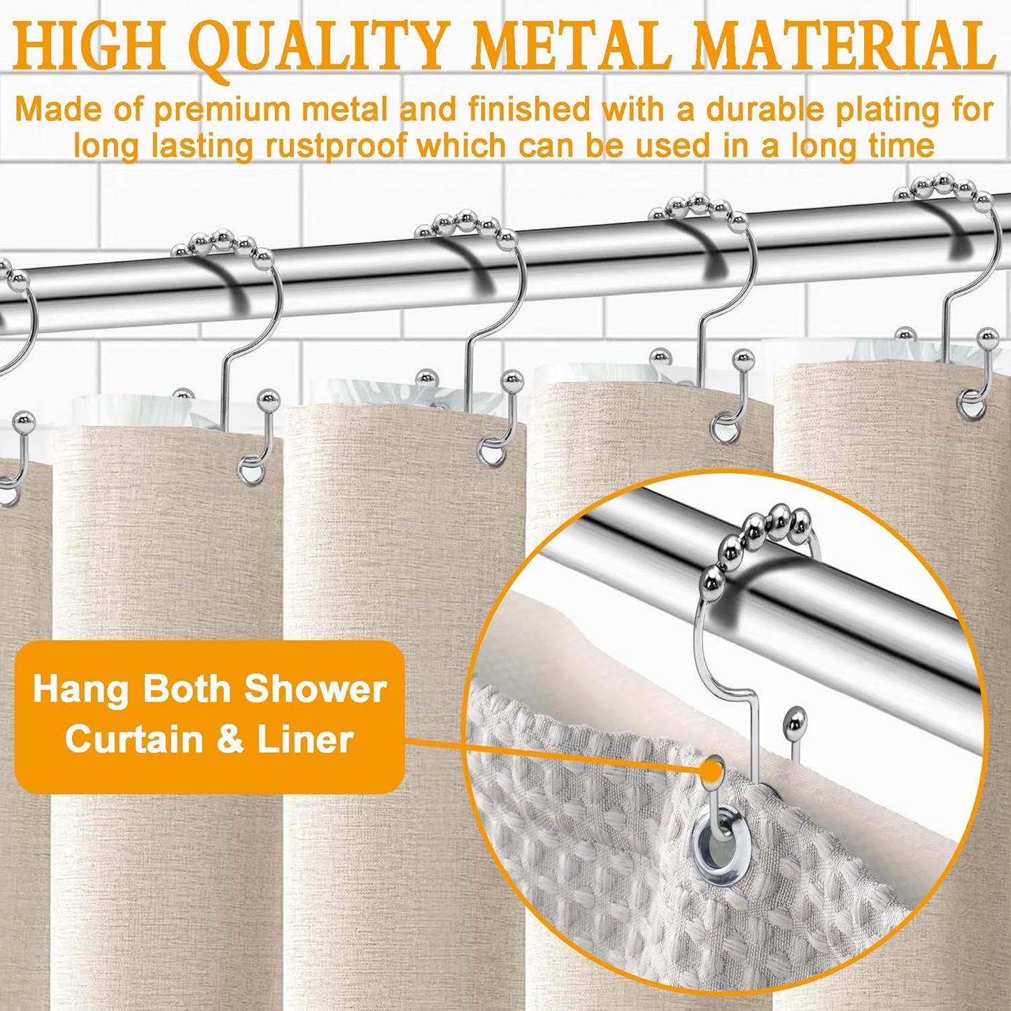 Shower Curtain Hooks,12 Pcs Rustproof Metal Shower Curtain Rings, Free Sliding Double Shower Hooks for Shower Curtain & Liners(Silver)