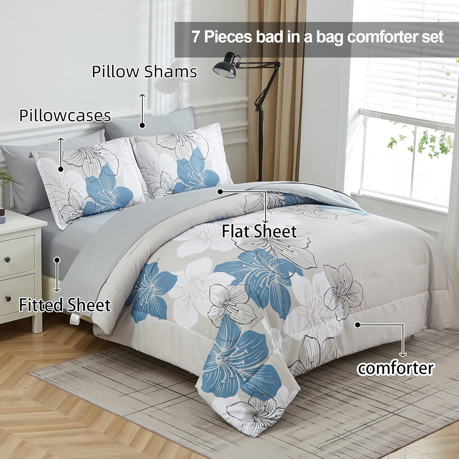 Floral Comforter Set Queen Size, Blue Floral Comforter and Sheet Set, 7 Pieces Bed in a Bag Soft Microfiber Complete Bedding Sets 