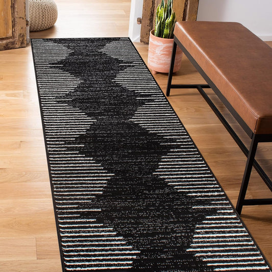 Bohemian Stripe Stain Resistant High Traffic Living Room Kitchen Bedroom Dining Home Office Runner Rug 2' X 7' Black