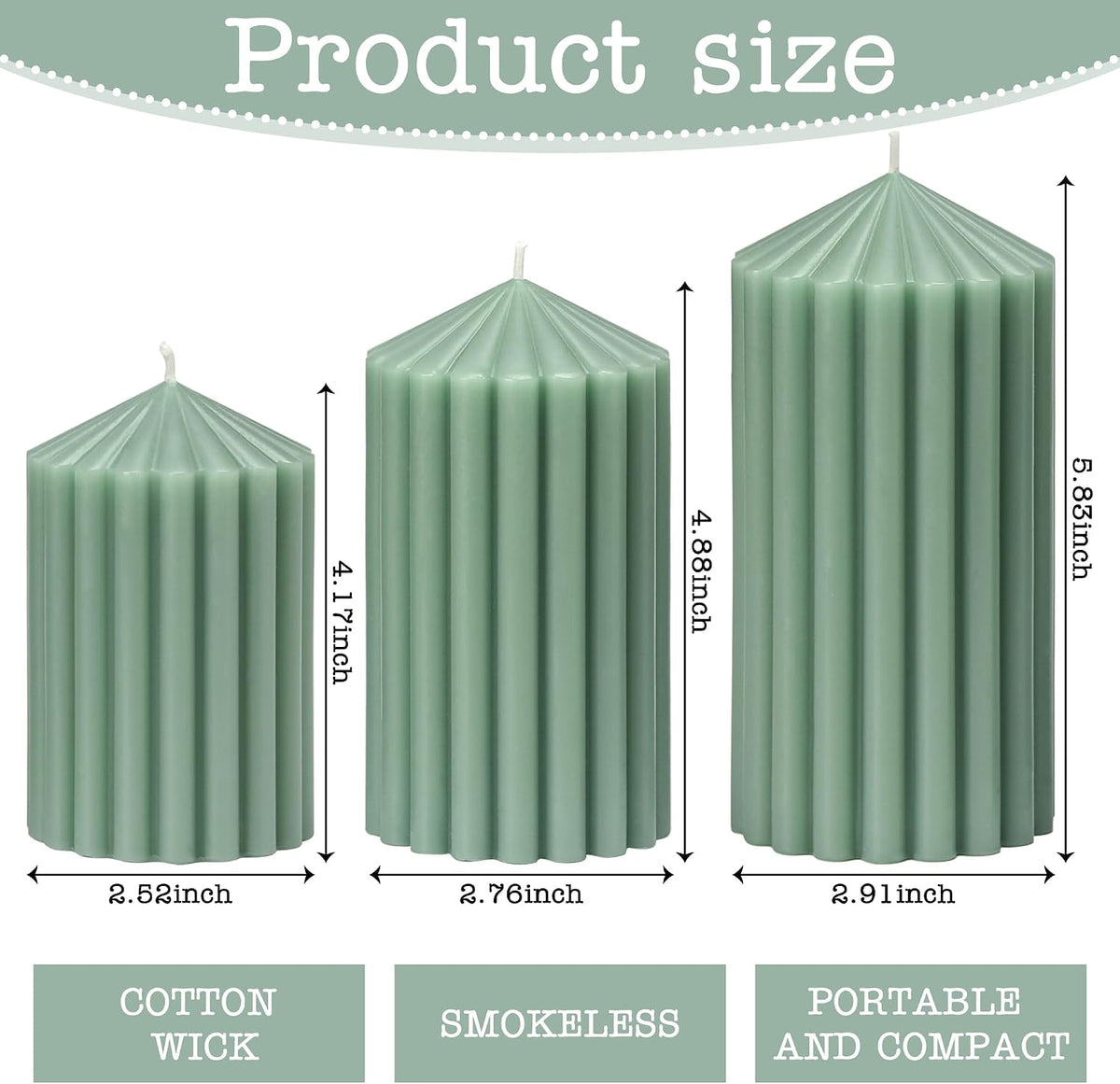 Sage Green Ribbed Pillar Candles 3 Pack, Soy Wax Unscented