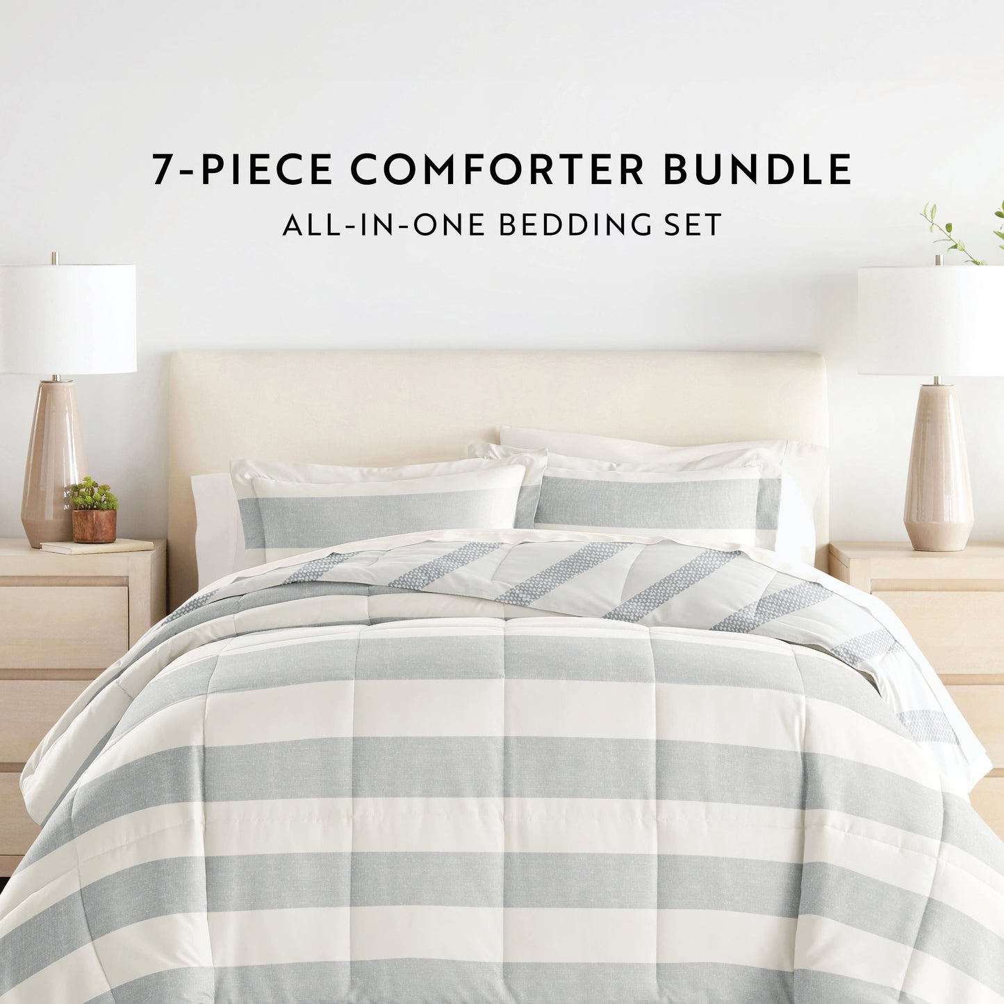  King Bedding Bundle, Patterned Microfiber Comforter and Solid Sheet Set in Distressed Stripe Light Blue