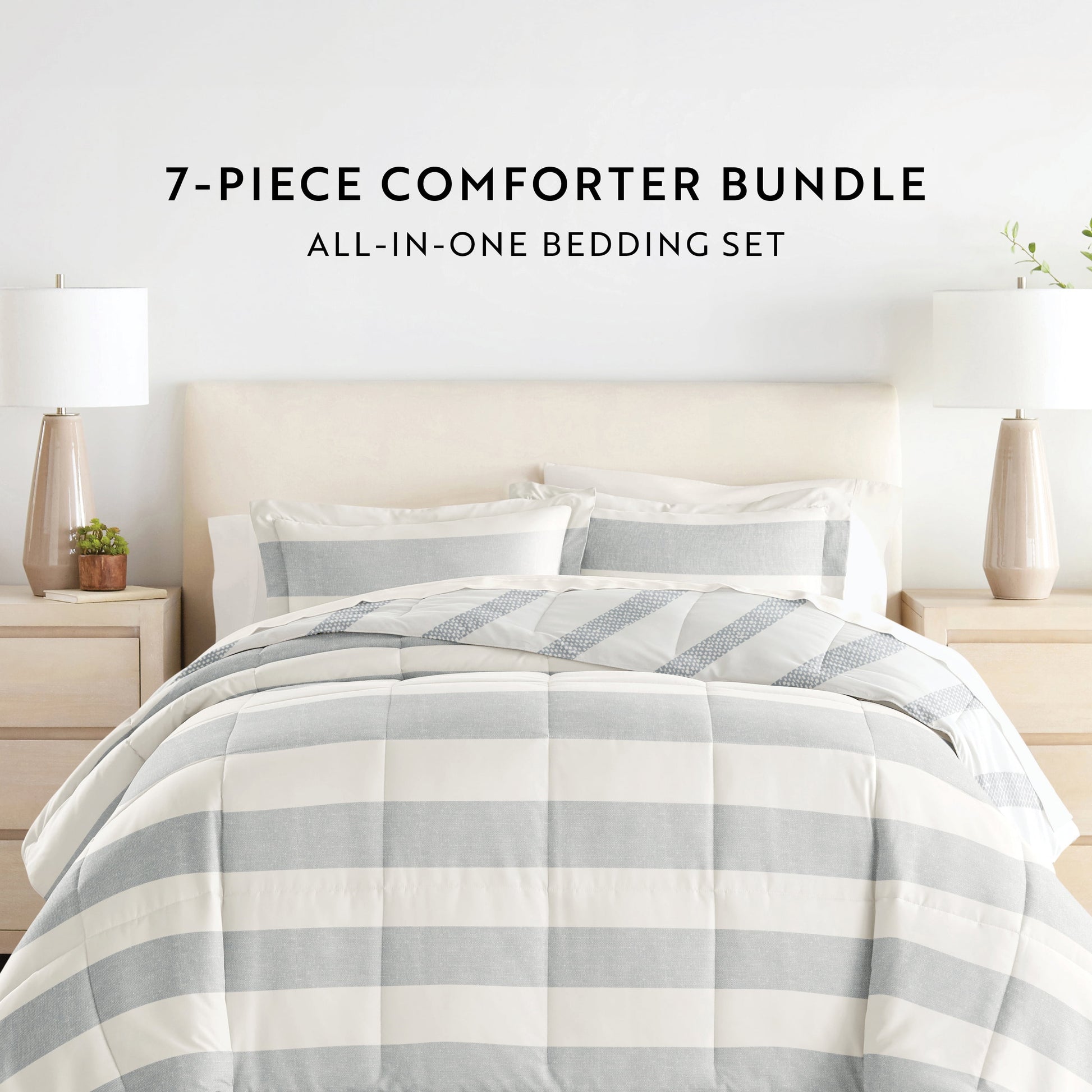  King Bedding Bundle, Patterned Microfiber Comforter and Solid Sheet Set in Distressed Stripe Light Blue
