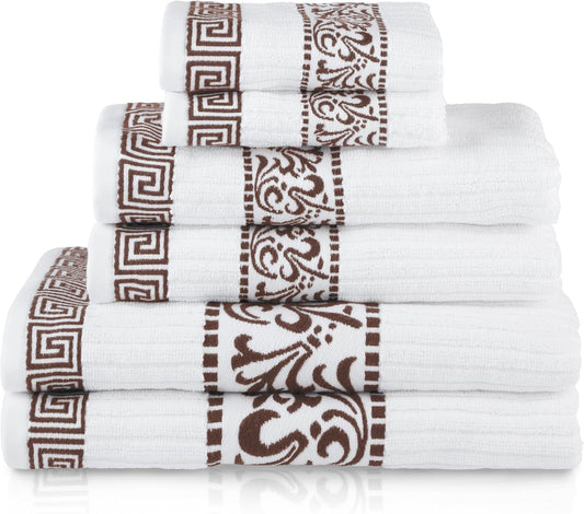 6-Piece Cotton Towel Set, Decorative Greek Pattern, Chocolate