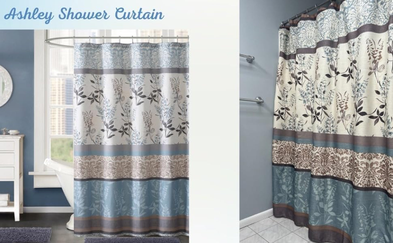 Farmhouse Floral Bordered Damask Shower Curtain - Light Blue, Beige, and Grey (72 X 70 Inches)