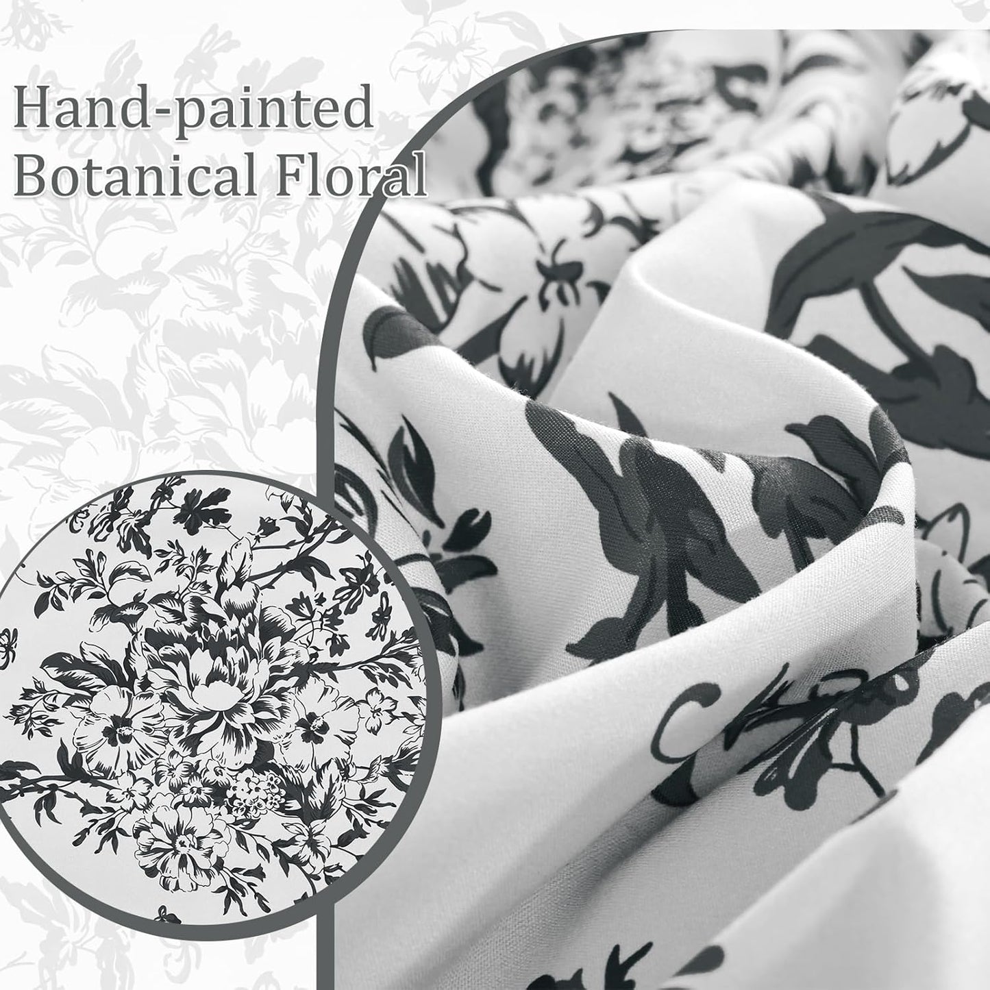 Comforter Set Queen, 8 Pieces Black Gray Floral Botanical Plants Print Comforter, for All Season (90"X90")