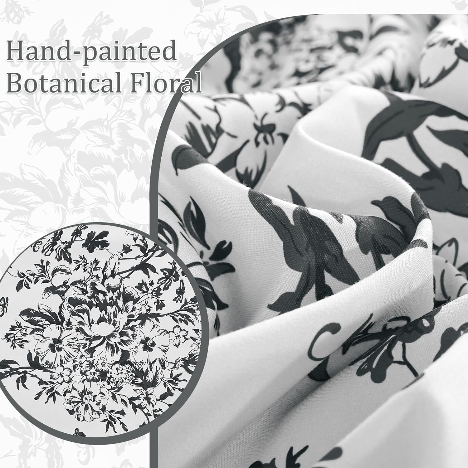 Comforter Set Queen, 8 Pieces Black Gray Floral Botanical Plants Print Comforter, for All Season (90"X90")