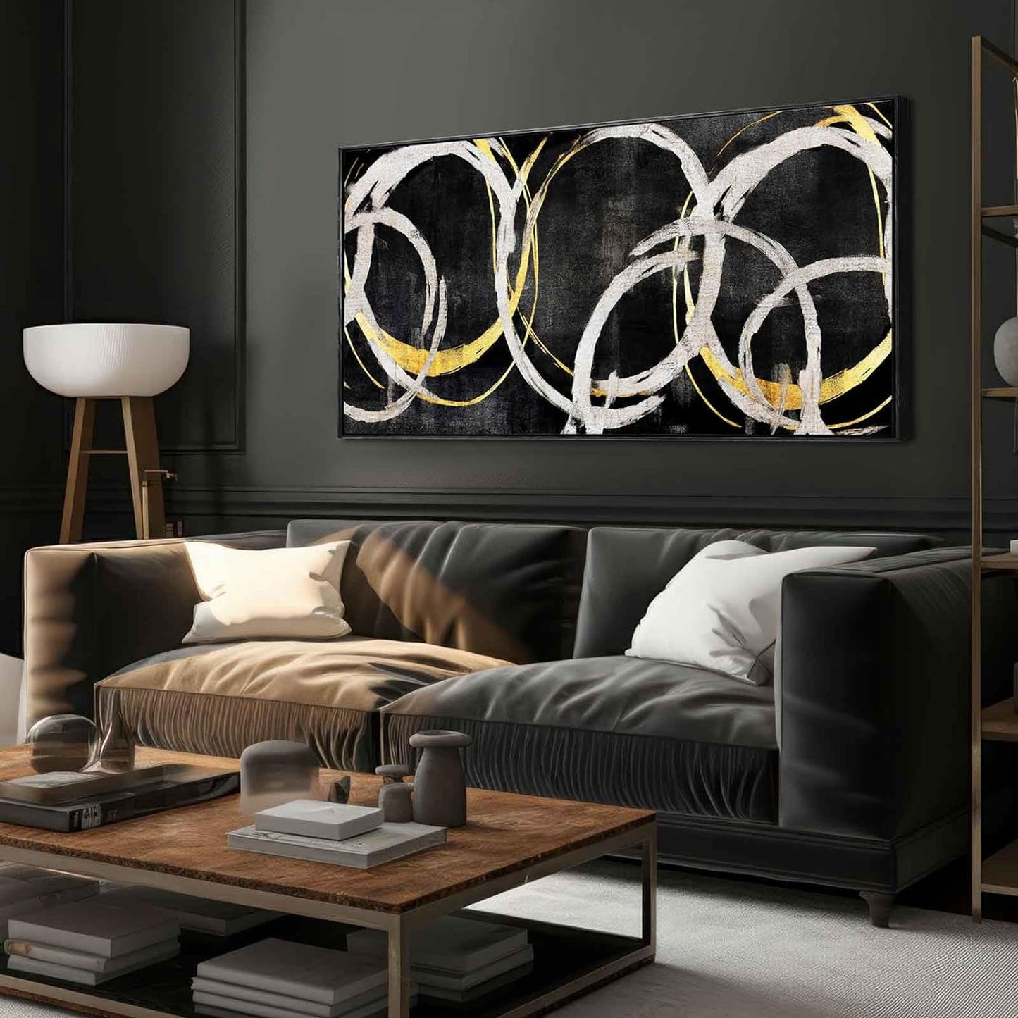 Large Wall Art Modern Black, Gold, and White Picture, 24X48 In