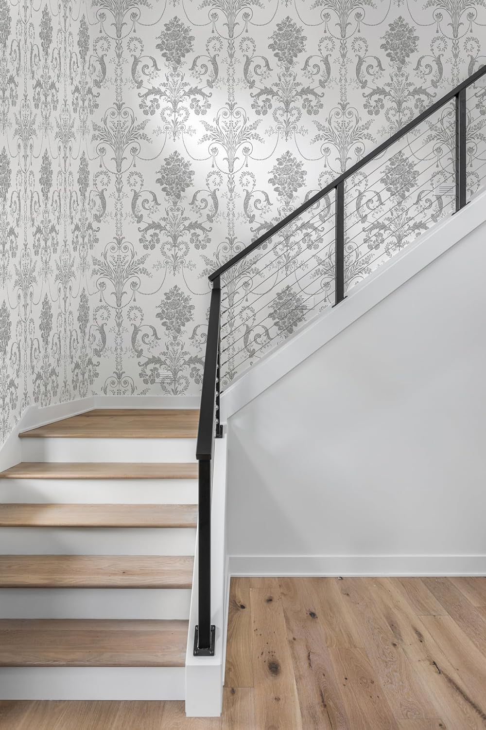 Silver Gray Damascus Wallpaper Floral Damask Peel and Stick Wallpaper Boho Grey Flower Contact Paper Removable 17.3" X 197"