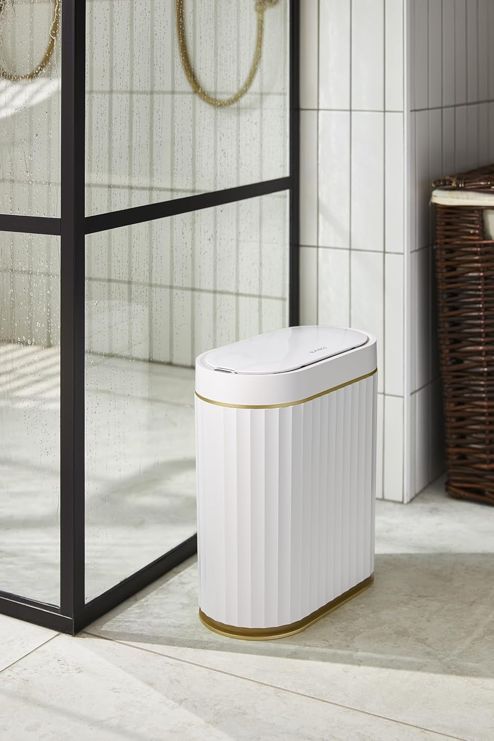 Automatic Motion Sensor Trash Can - 2 Gallon Slimline for Bathroom, Bedroom, Kitchen, Office - White with Gold Trim