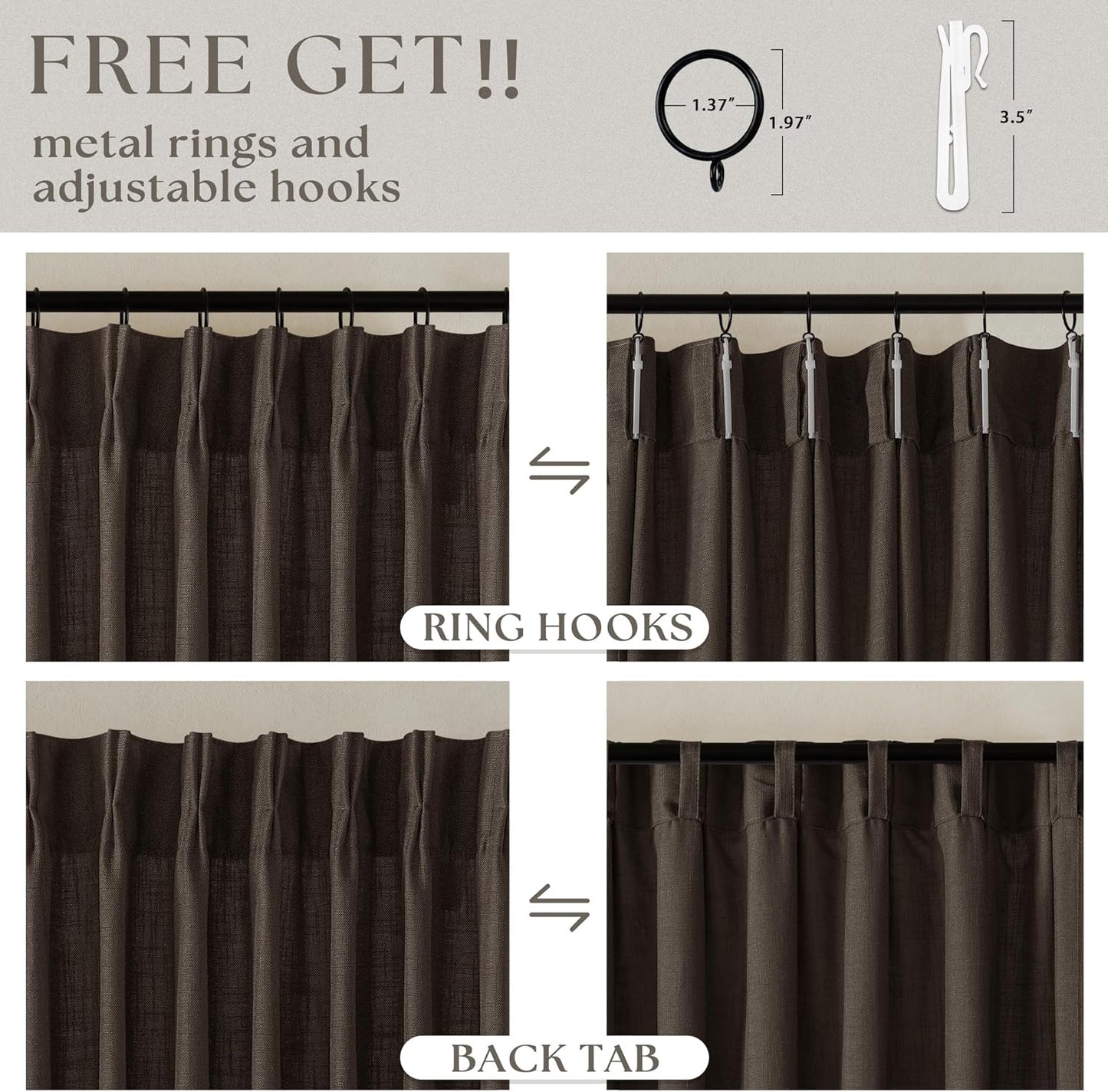 Dark Chocolate Pinch Pleated Linen Curtains 2 Panels Memory Training Shaped Semi Sheer Pleat Drapes with Hooks Rings Light Filtering Window Curtain 40X90